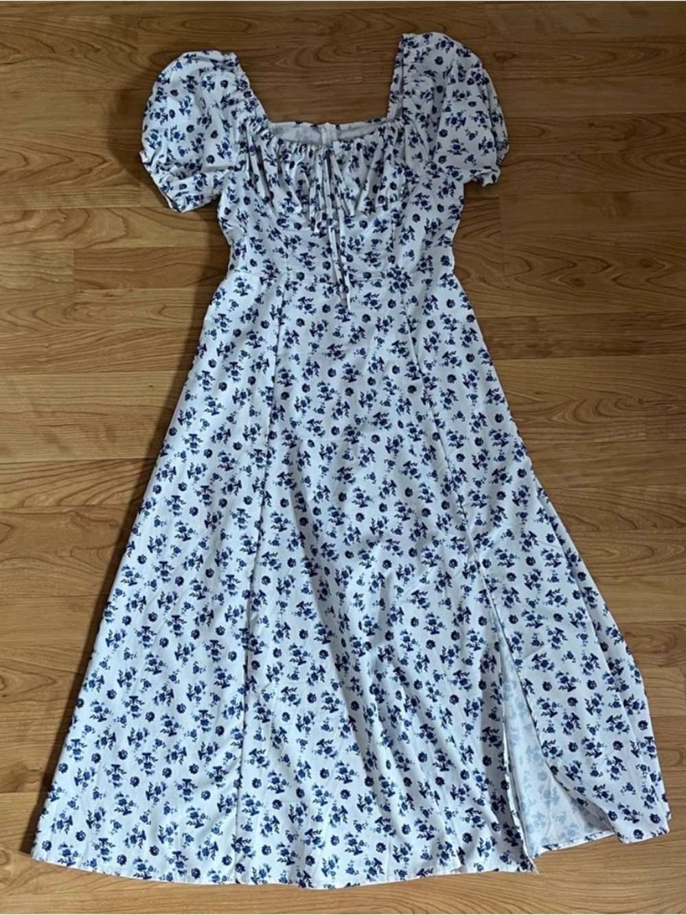 Milkmaid cottagecore floral blue white summer dress with slit